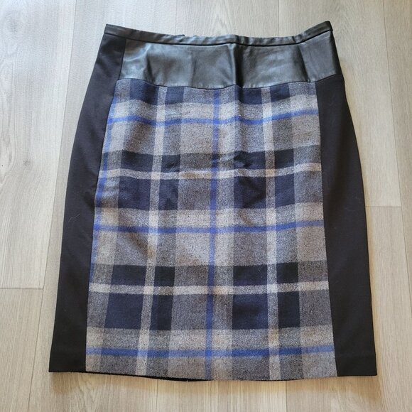 Calvin Klein Womens Plaid Pencil Skirt Faux Leather Waistband Size 12 Wool Blend - Picture 3 of 5